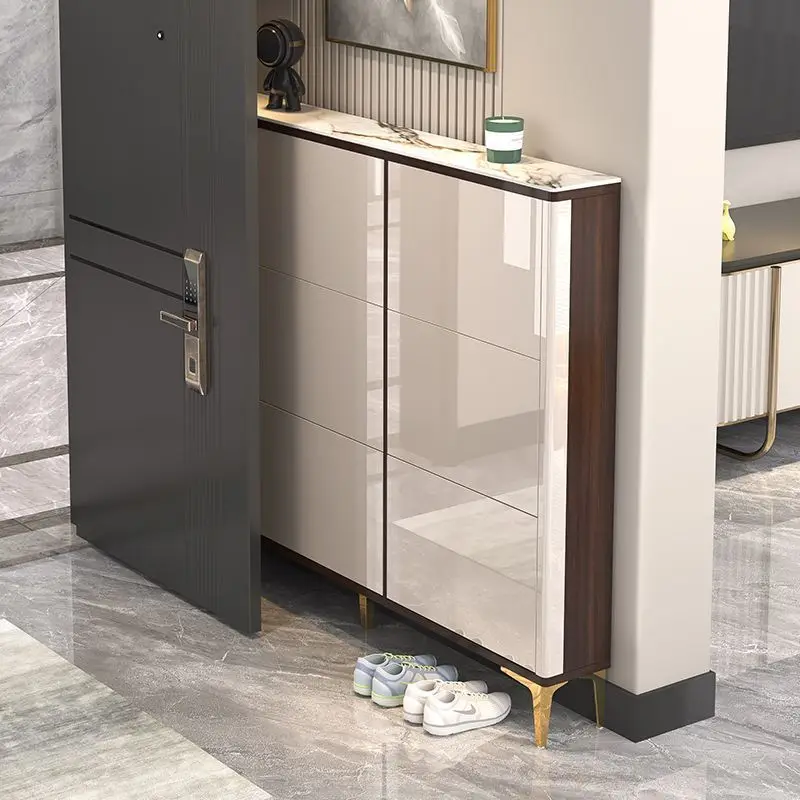 

Light Luxury Ultra-Thin Wall-Mounted Shoe Cabinet Modern Tilting Door Narrow Side Entrance Integrated Shoe Changing Wooden Metal