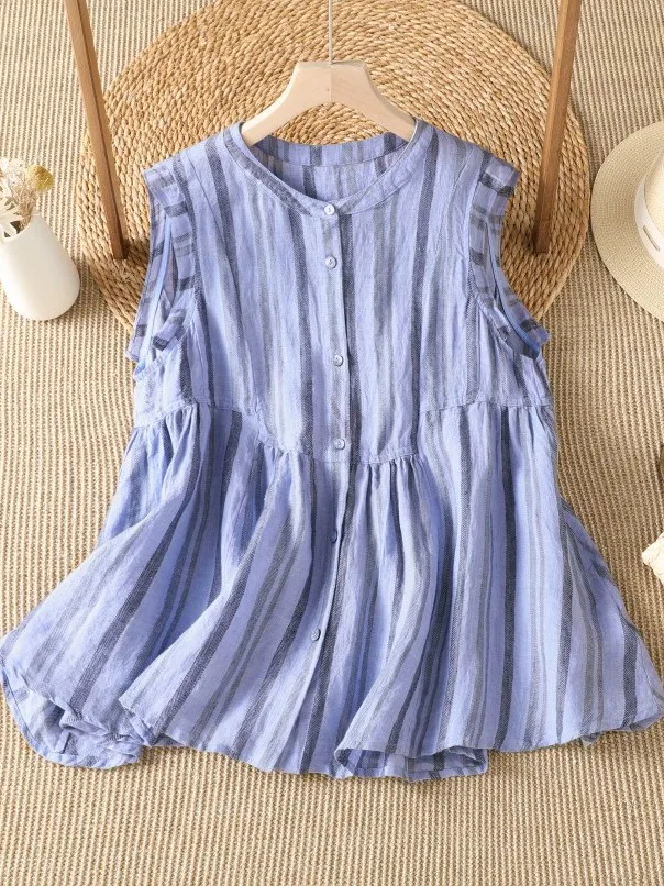 

Summer Cotton Linen Stripe Sleeveless round Neck Shirt Large Size Women's Fashionable Single Button Vest Top Age-Defying Doll...
