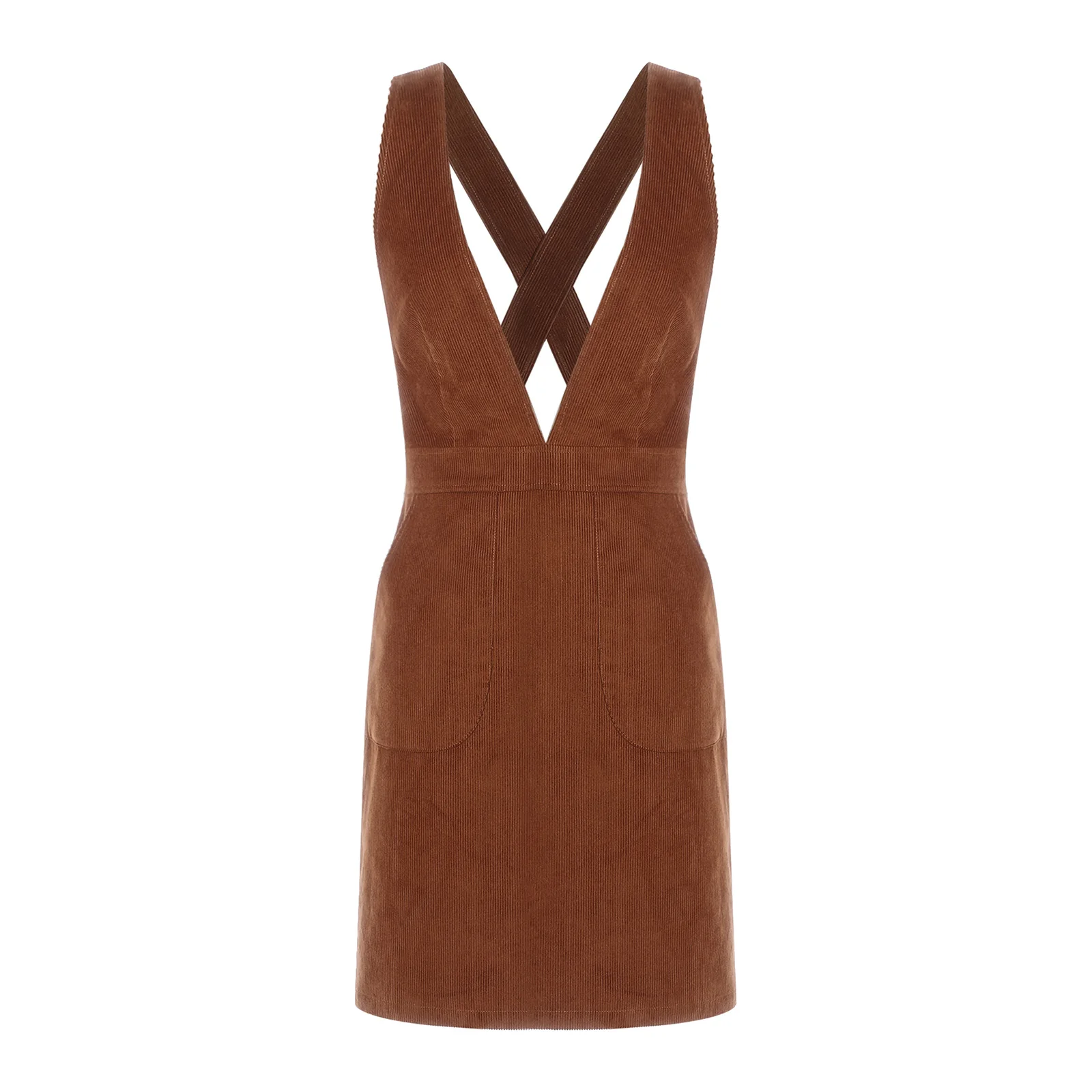 Womens Corduroy Pinafore Dress V Neck Back Crossing Straps Side Pockets Overall Dress for Daily Casual Dating Hanging Out