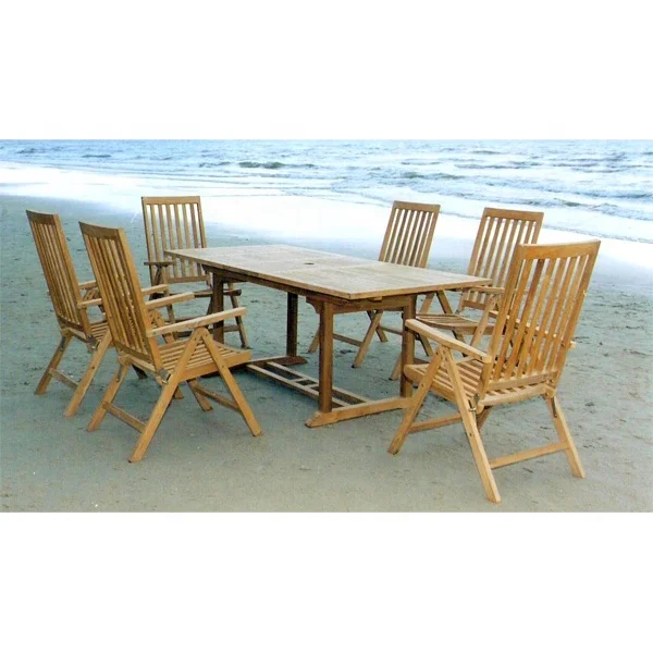 

Modern Hotel Outdoor Dining Furniture 6-Piece Teak Wood Garden Set 6 Folding Beach Chairs Rectangular Extension Tables Exterior