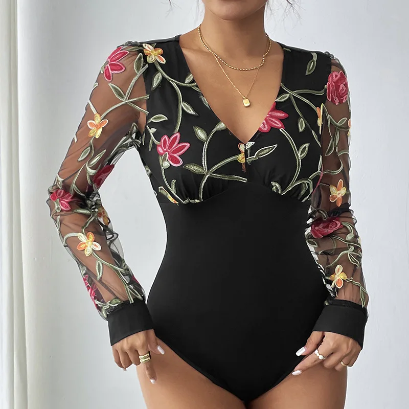 2025 Autumn New Sexy Romantic Retro Style Lace Long-sleeved Embroidered V-neck Jumpsuit