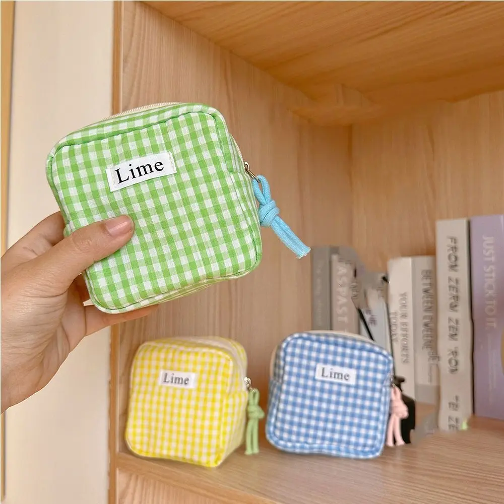 

Candy Color Plaid Mini Cosmetic Bag Cotton Cloth Large Capacity Tampon Organizer Korean Style Makeup Bag