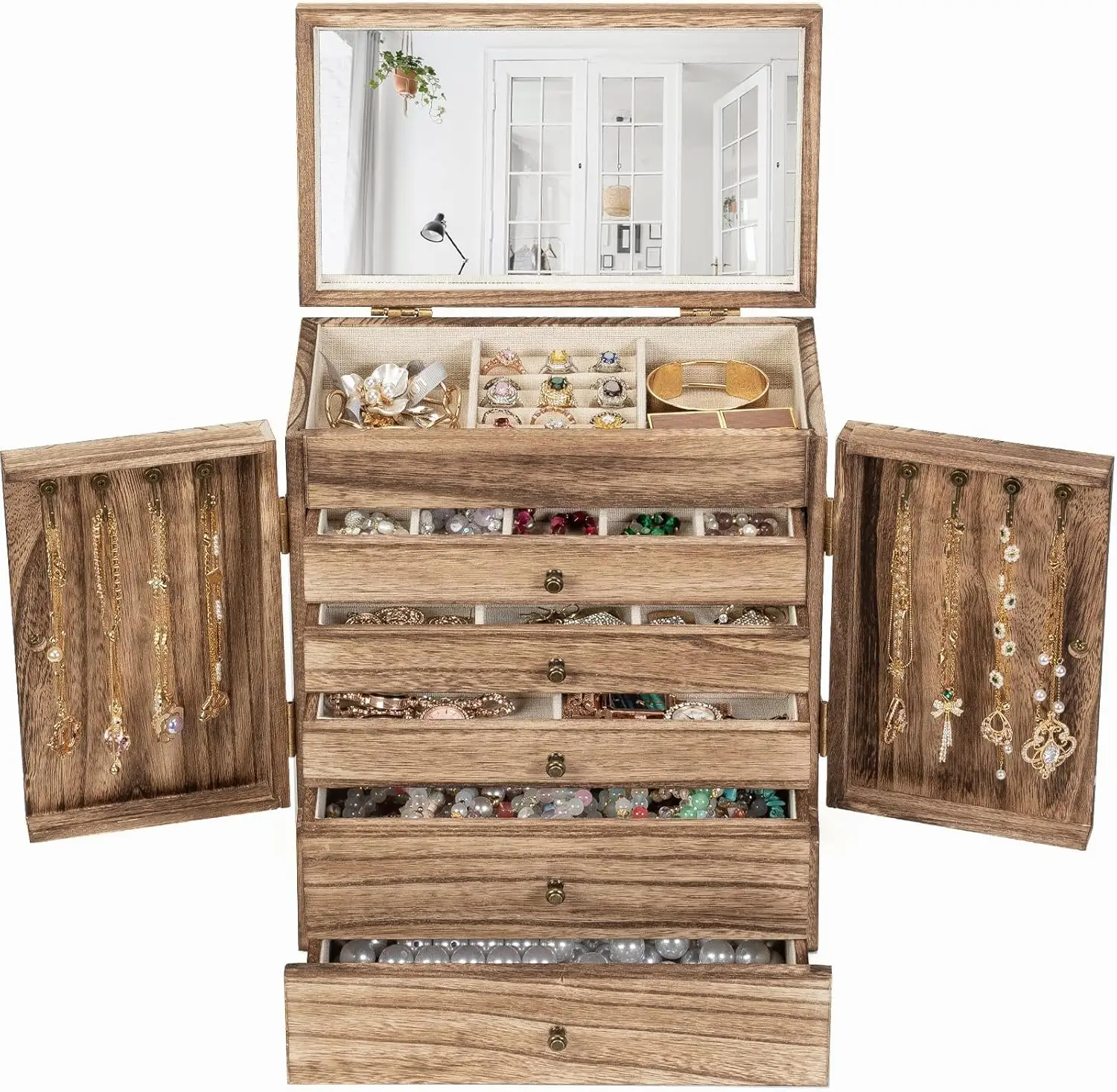 Organizador de joyas de madera de 6 niveles con espejo, almacenamiento grande para anillos, pendientes, collares, pulseras, relojes en estilo rústico