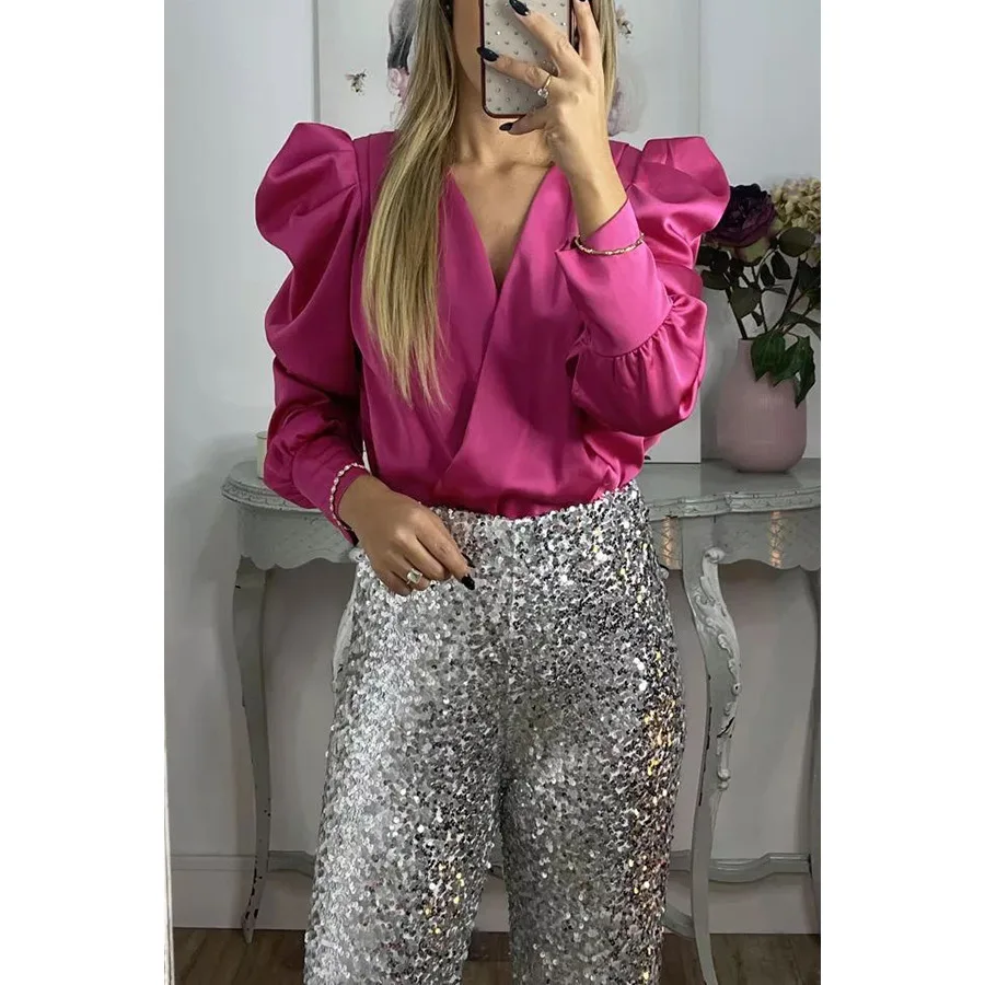 Camicia da donna in raso allentato a maniche lunghe primavera ed estate nuova moda casual con scollo a V multicolore