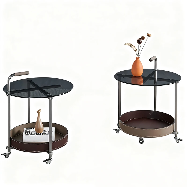 # Modern New Tempered Glass Table Top Metal Legs Small Coffee Table | Push Pull With Roller Round Trolley Small Coffee Table