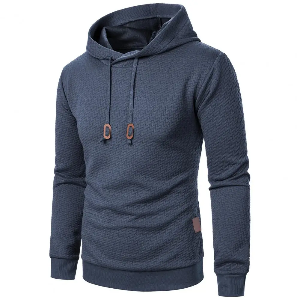 Men Sport Hoodie Men's Fall Winter Jacquard Hoodie with Drawstring Elastic Cuff Hem Solid Color Long Sleeve Casual for Daily