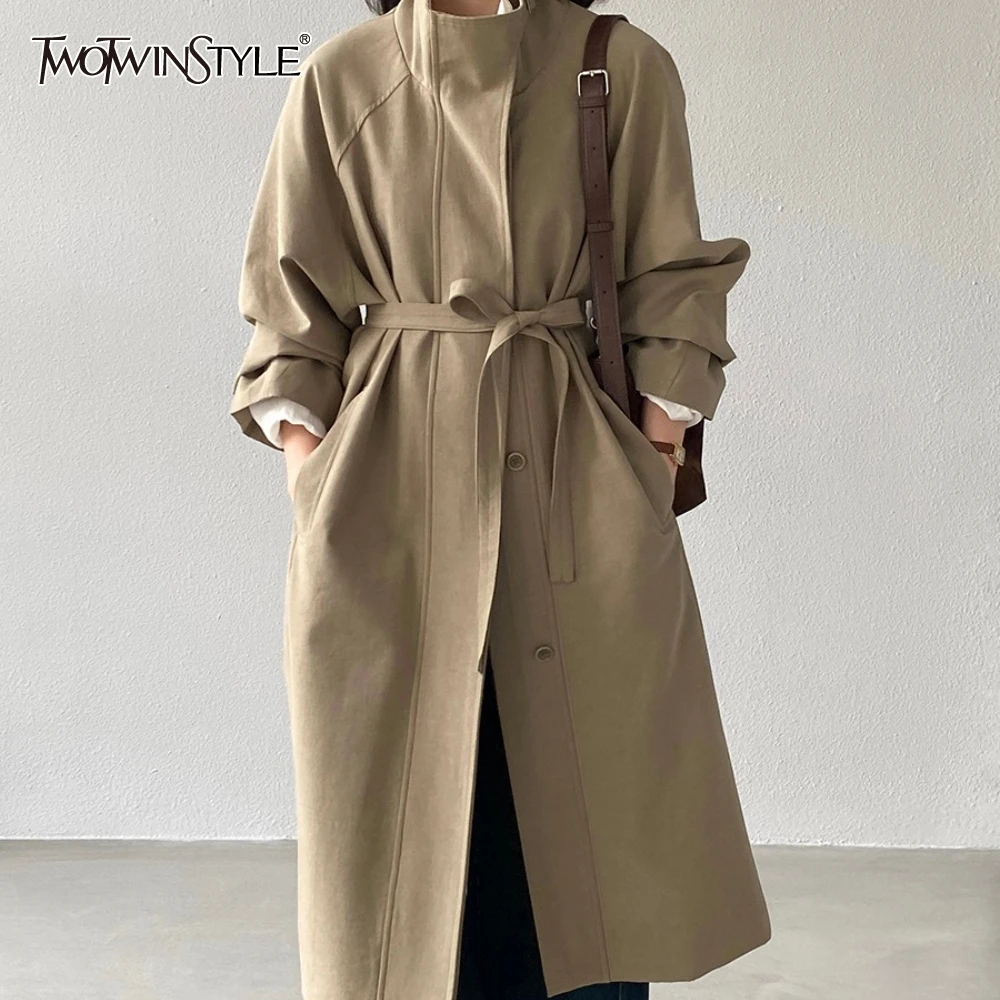 

TWOTWINSTYLE Khaklgreen Spliced Lace Up Trench Female Turtleneck Long Sleeve Loose French Casual Women's Trenchs Autumn Fashion