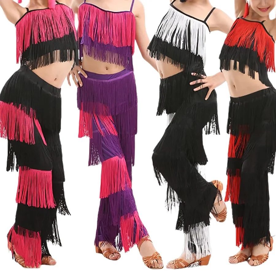 

Детский костюм для латиноамериканских танцев: брюки с бахромой и кисточками, большие размеры, для девочек, для сальсы, самбы, сценические наряды