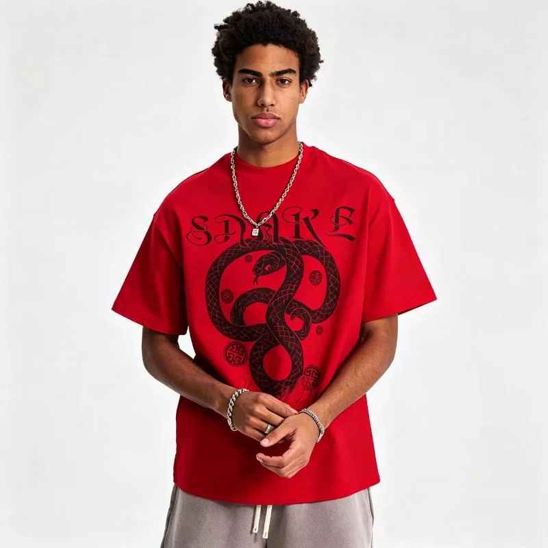 26FW Men Oversized Vintage Wash T-shirt 250gsm Cotton Cartoon Printed Short Sleeve Tee Couple Retro Skateboarding Streetwear Top