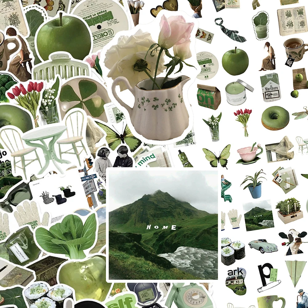

10/30/50/124pcs Classic Korean Olive Green Art Stickers Cartoon INS Style Aesthetic Decals Scrapbook Luggage Phone Sticker Gift