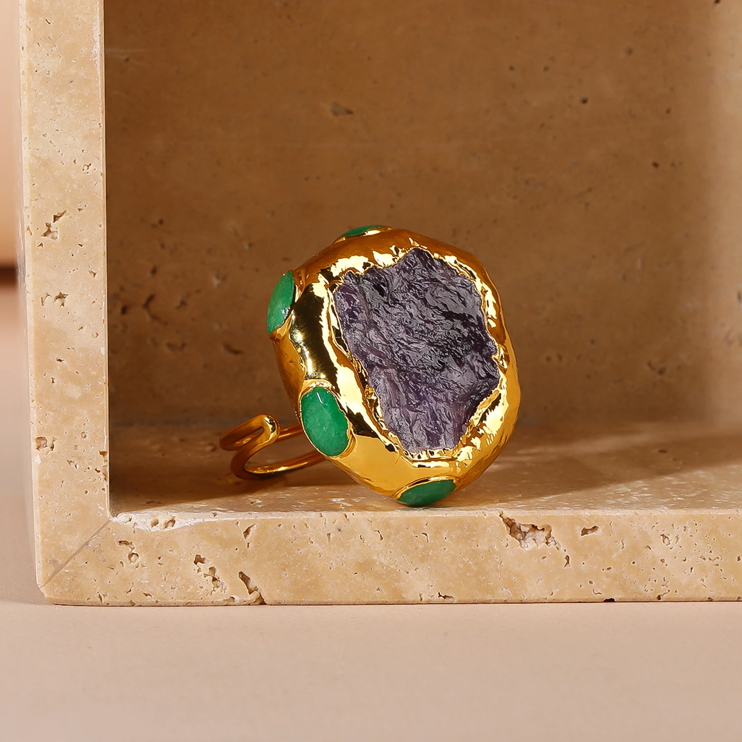 

Elegant Trendy Ring Natural Gemstone Amethyst Finger Ring 18K Gold Plated Copper Bezel Setting Women's Ring for Party Wedding