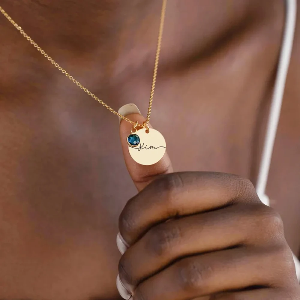 Personalized Custom Name Disc Necklace Birthstone Minimalist Disc Pendant Handwritten Name Jewelry Gift for Her Mom Birthday