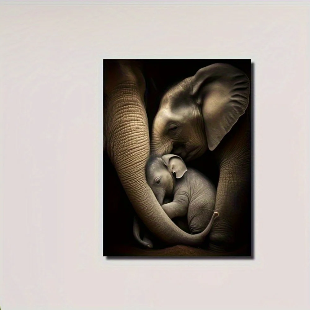 Frameless Elephant and Calf Canvas Print Wall Art - 11.8x15.7 Inch Waterproof Black & White Animal Theme Poster, Minimalist H
