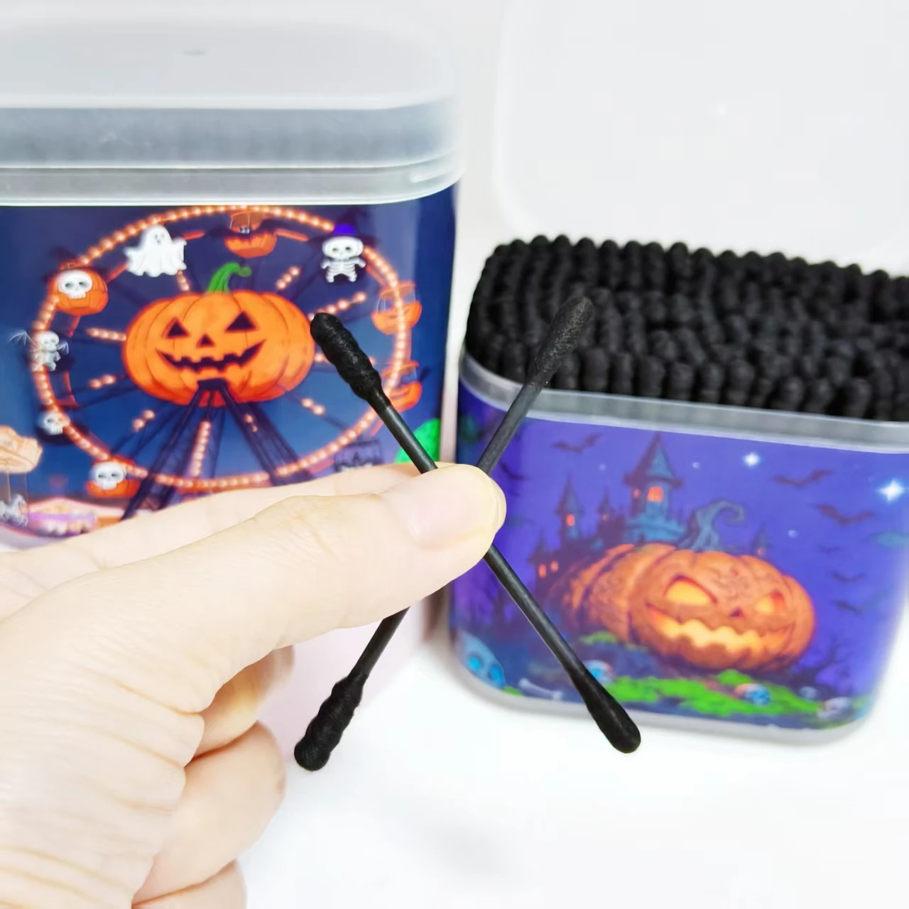 200개/400개 할로윈 호박 무늬 면봉 볼 블랙 무광 박스 포장 양면 면봉