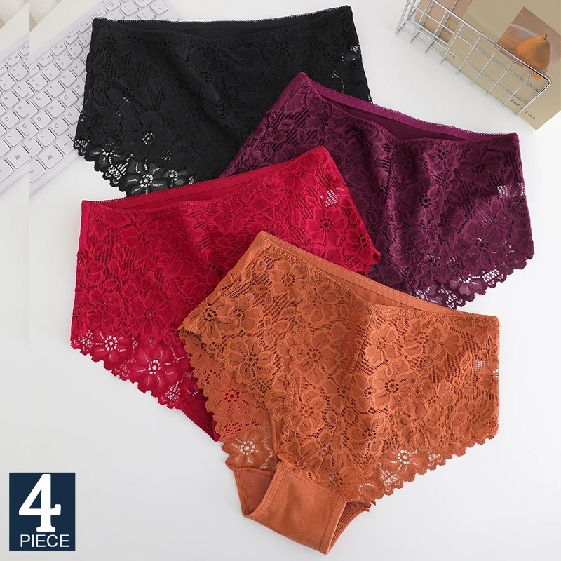 FINEOO 4-teiliges Set Damen-Spitzenhöschen mit mittelhohem Bund, sexy Spitzenbesatz, luxuriöse, ausgehöhlte Slips, bequeme, atmungsaktive Unterwäsche