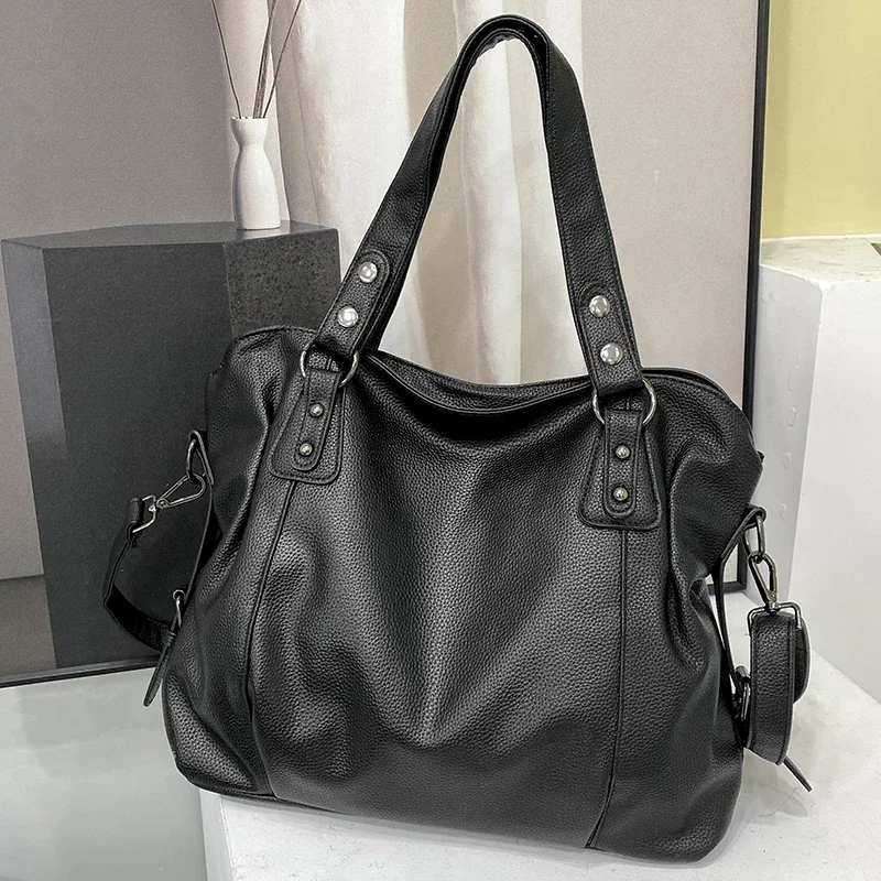 Retro feminino espaçoso bolsa de ombro qualidade couro do plutônio senhoras grande commuter tote bolsa feminina luxo preto clássico crossbody saco