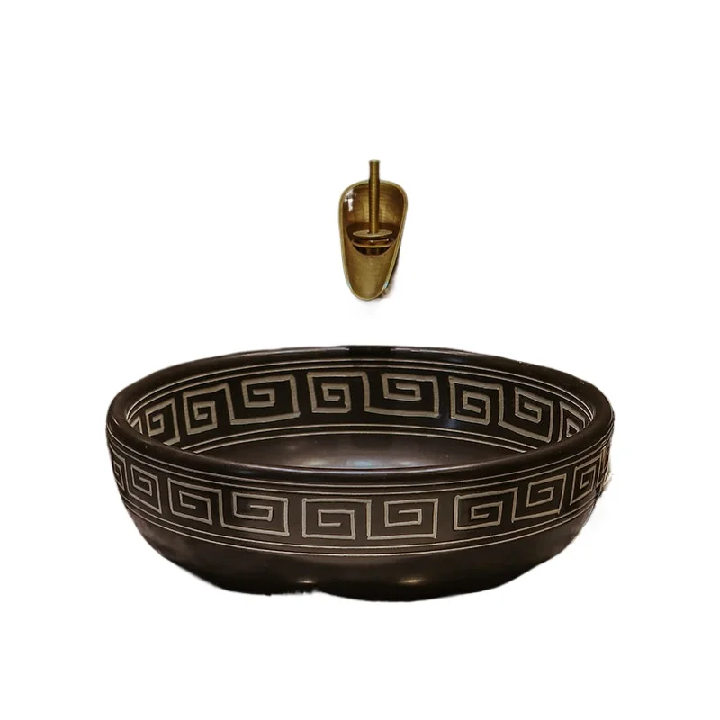 

Retro Chinese art stage basin round antique ceramic washroom single basin