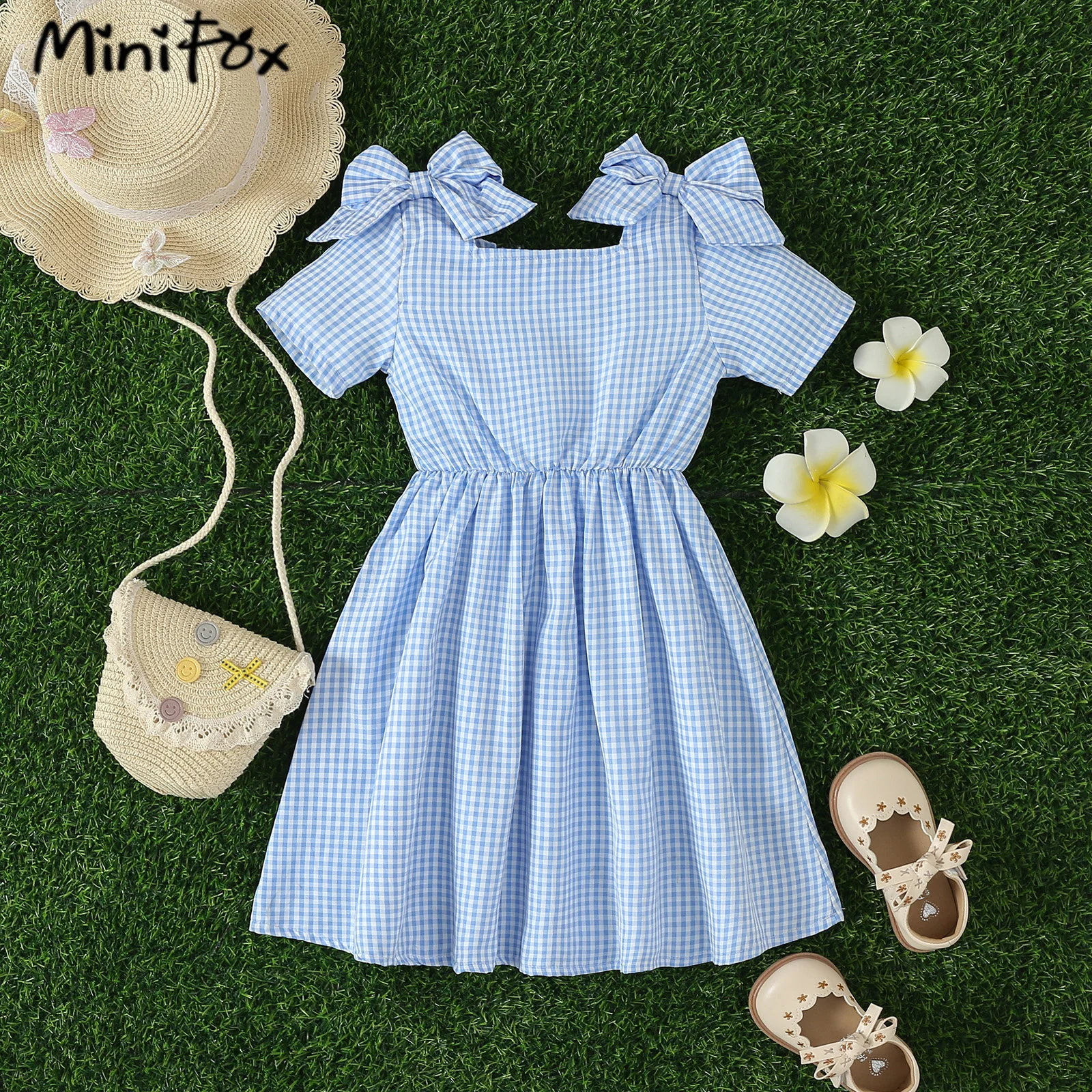 MiniFox Brother and Sister Matching Outfits Bowknot Blue Girl Dresses Boys Shirt and Suspender Shorts Sets For Boys Clothes