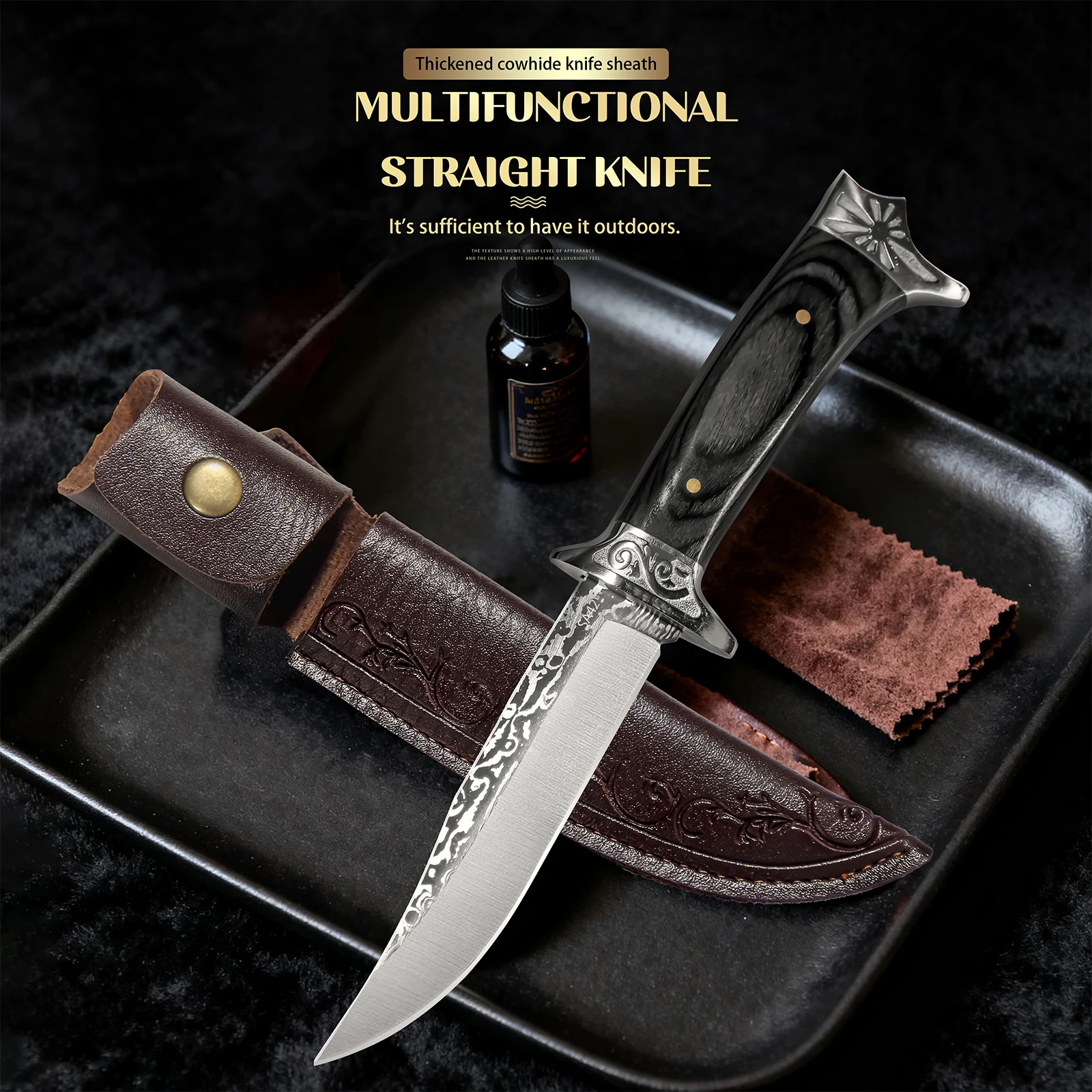 Damascus Pattern Fixed Blade Knife Portable Outdoor Camping EDC with Wooden Handle And Embossed Leather Sheath Practical Cutting Tool