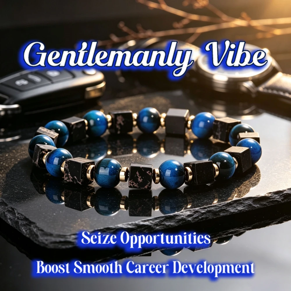Natural Blue Tiger Eye Stone Black Emperor Stone Square Beaded Bracelet, symbolizing the power to help smooth career, men's gift