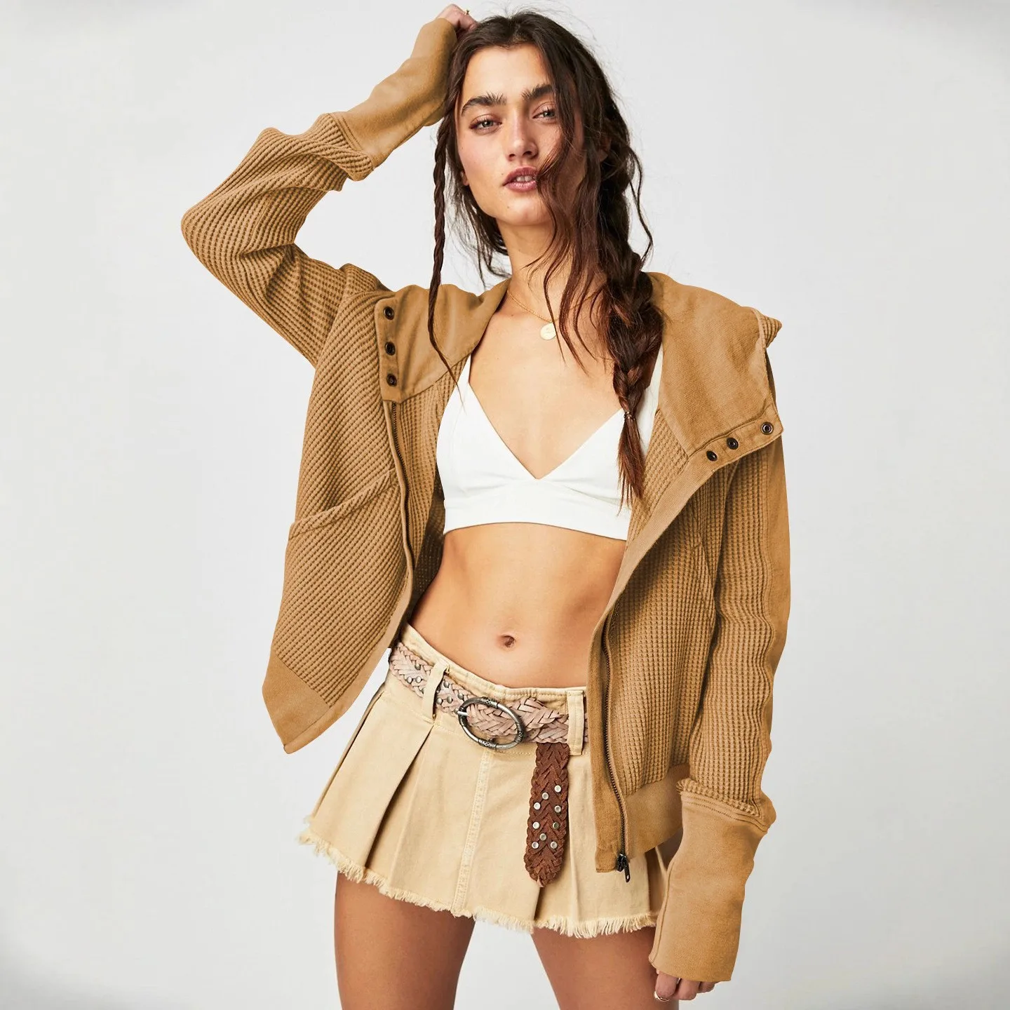 Women Jacket Hoodie Waffle Knit Hooded Sweatshirt Color Blocking Oversized Fit Zip-Up Hoodie Beige Black Long Sleeve Casual
