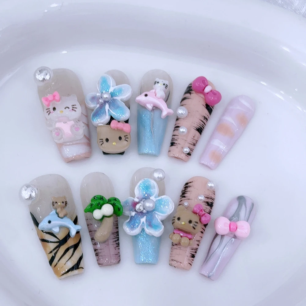 Sanrio Y2K Long Coffin Fake Nail Hello Kitty Cinnamoroll Kuromi Hawaii Metal Chain Lily Wearable Artificial Nails Party Gift