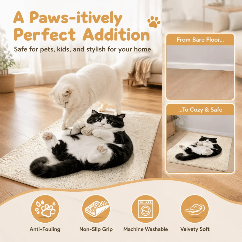 Cute 2D Cat Area Rug Non-Slip Pashmina Home Decor Carpet Easy to Clean Anti-fouling Cartoon Carpet Living Rooms