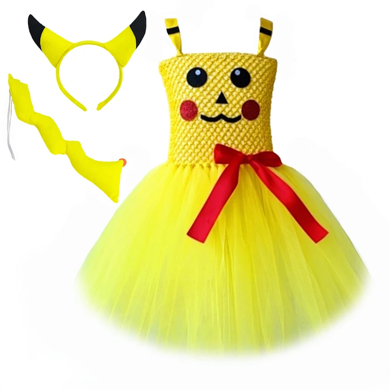 Yellow Cartoon Animals Picachu Cosplay Costumes for Baby Girls Birthday Party Halloween Tutu Dresses Kids Cosplay Outfits