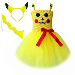 Yellow Cartoon Animals Picachu Cosplay Costumes for Baby Girls Birthday Party Halloween Tutu Dresses Kids Cosplay Outfits