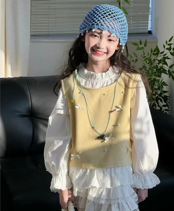 2023 Spring Autumn Baby Girls Sweet Candy Color  Knitting Sweater Vest  Shirts Clothing Sets Children Korean Blouse Vest Outfits