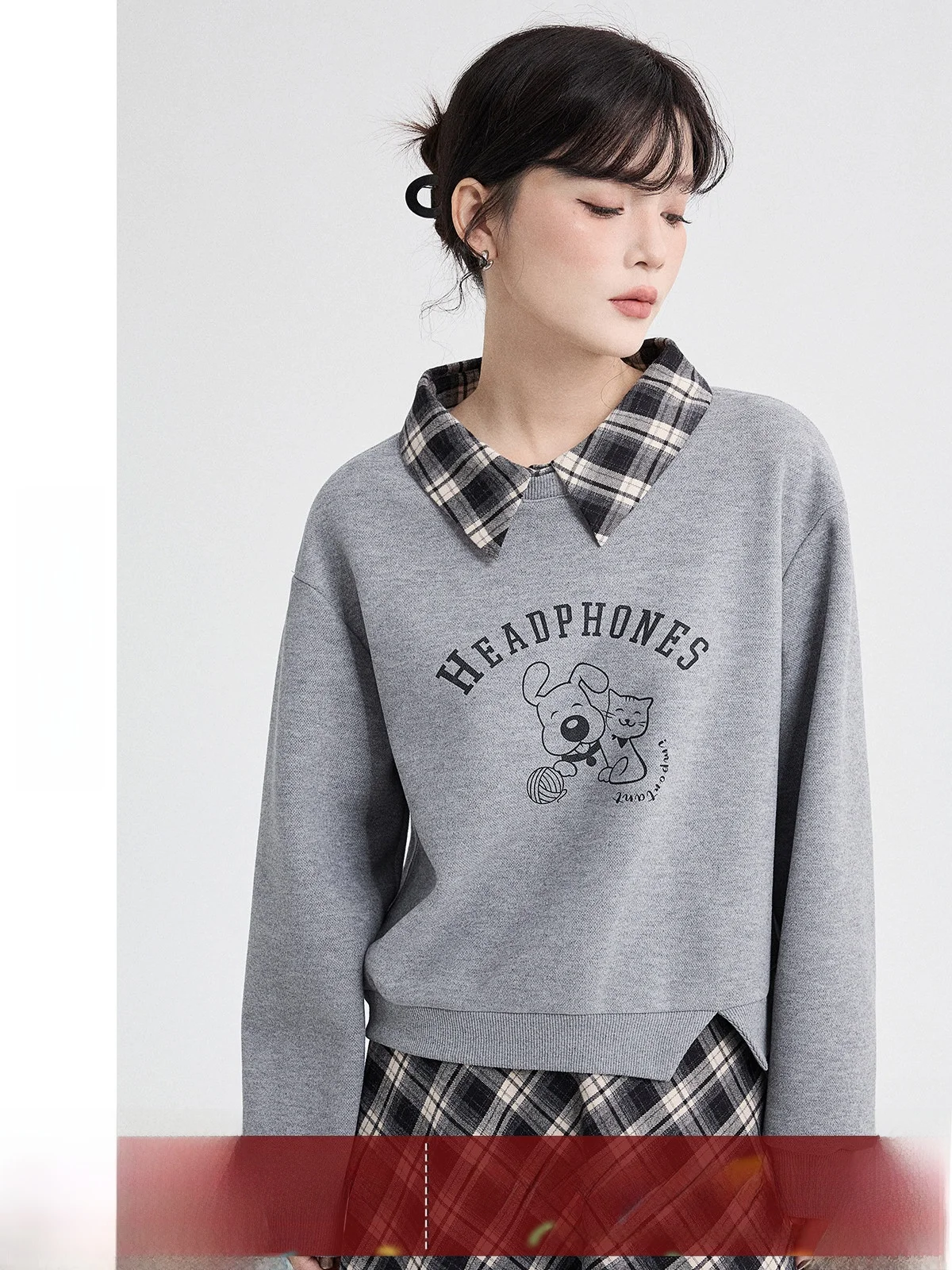 

Fleece Lined Hoodie Women's Winter Short Collar Patchwork Plaid Print Slimming Top Trendy Streetwear Commute Style