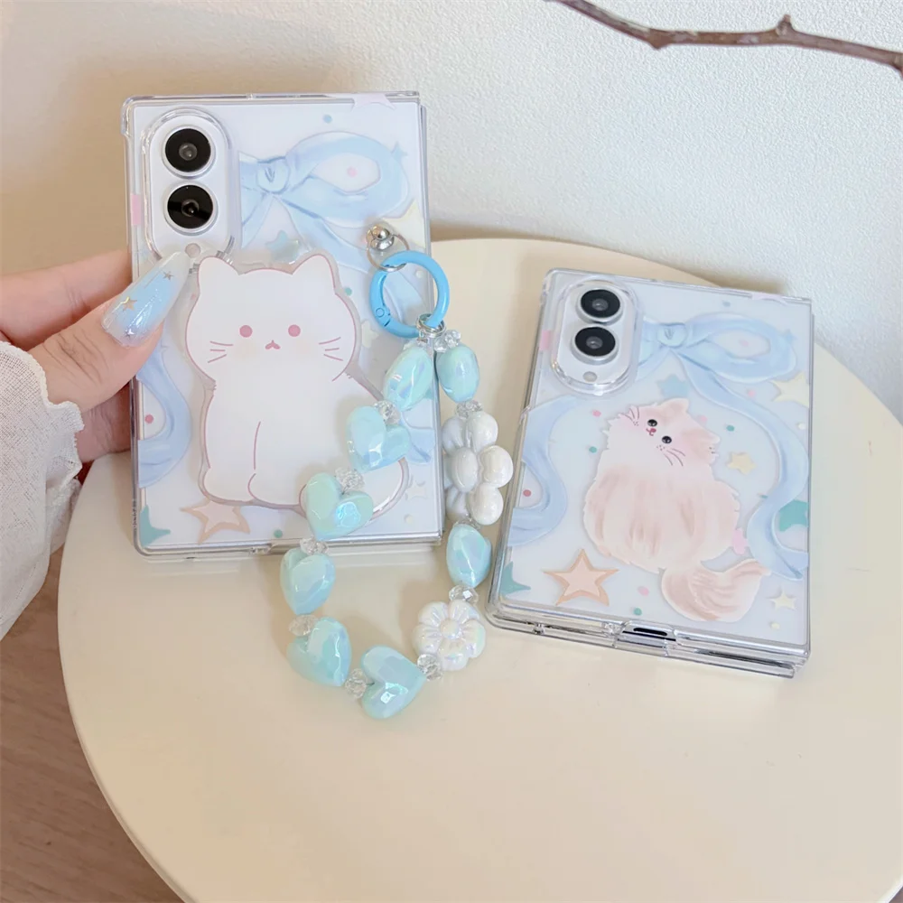 Kawaii Blue Bow Kitten Print Phone Case For Samsung Galaxy Z Fold8 Ultra Fold7 6 5 4 3 Shockproof With Cat Bracket Heart Beaded