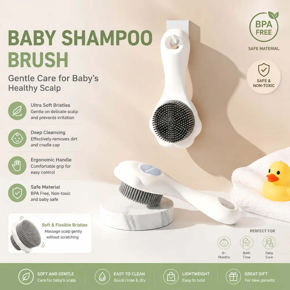 Baby Shampoo Brush Silicone Scalp Massager, Soft Bath Brush for Infant Hair Washing, Gentle Cradle Cap Cleaner for Newborn Kids