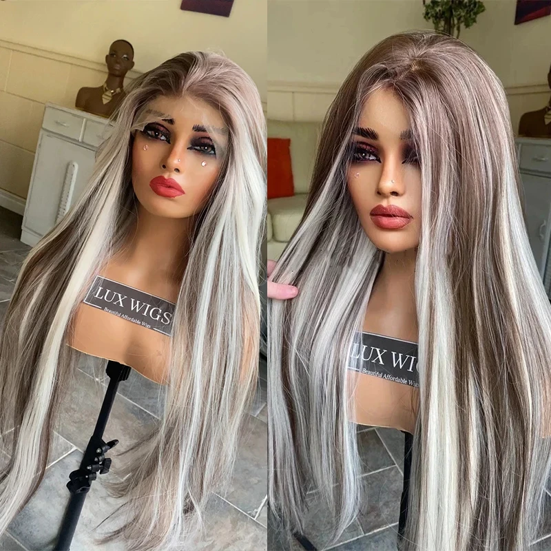 Preplucked Realistic Hairline Wig Ombre Ash Grey Blonde Straight Lace Front Synthetic Wig Middle Part Hairline Front Lace Wig