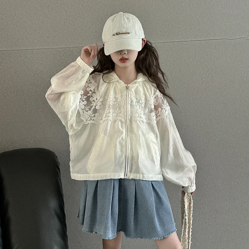 

Summer Cool Girls' Jacket Lace Hollow Sunscreen Jacket Lightweight Children's Clothing Hooded Children's Clothing RM23