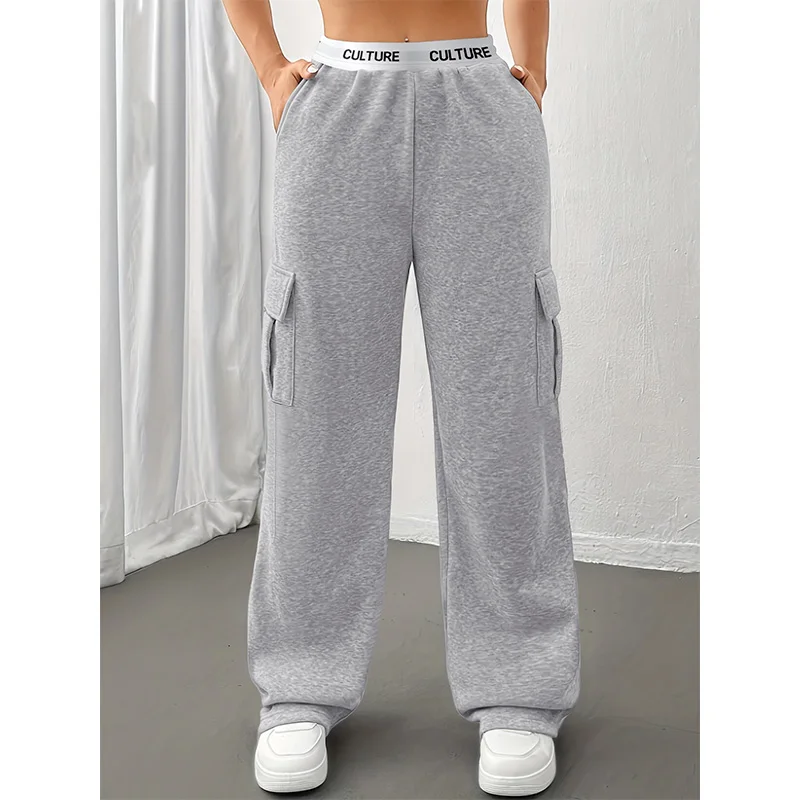 السراويل النسائية بلون حزام العمل السراويل عارضة فضفاض جيوب جانبية المرأة سحب السراويل النسائية الاتجاه الموضة