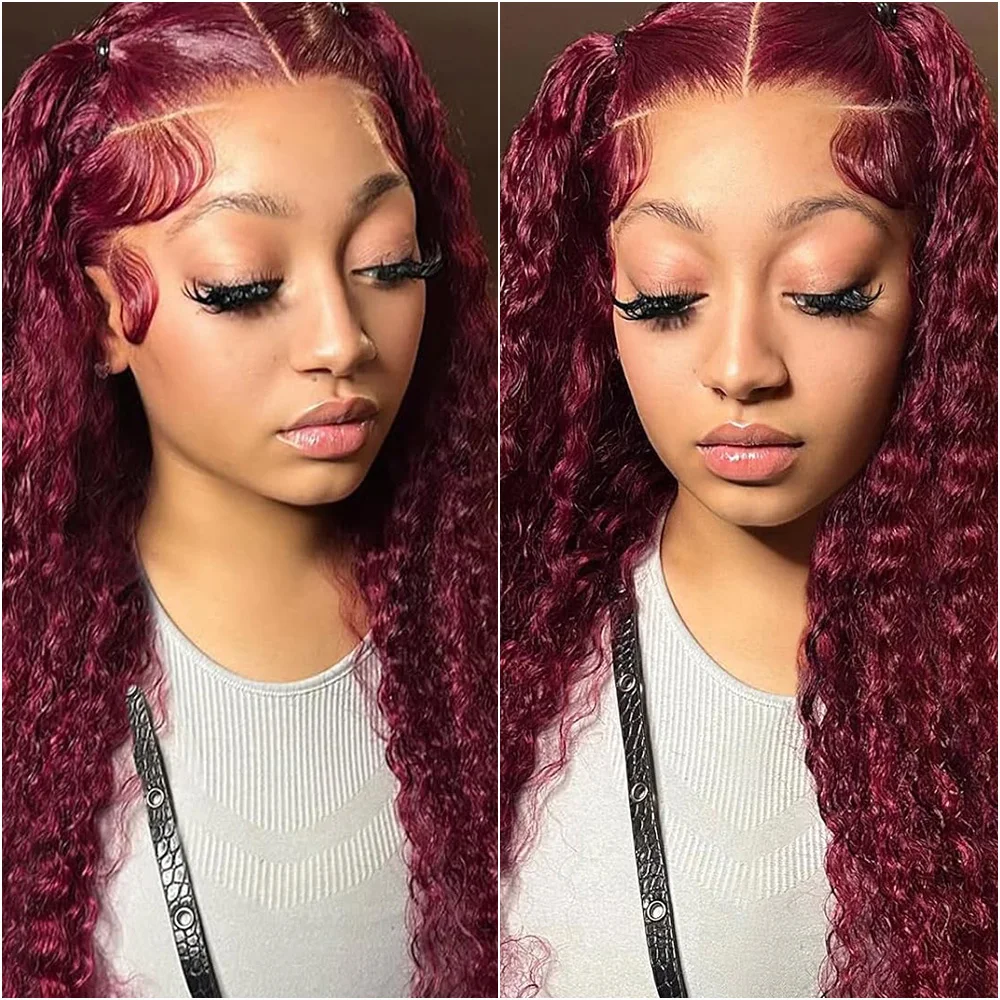 32, 34, 36 дюймов # 99J Бордовый 13x6 HD Парик из натуральных волос на кружеве красного цвета 13x4 Прозрачные кружевные вьющиеся глубокие волнистые фронтальные парики