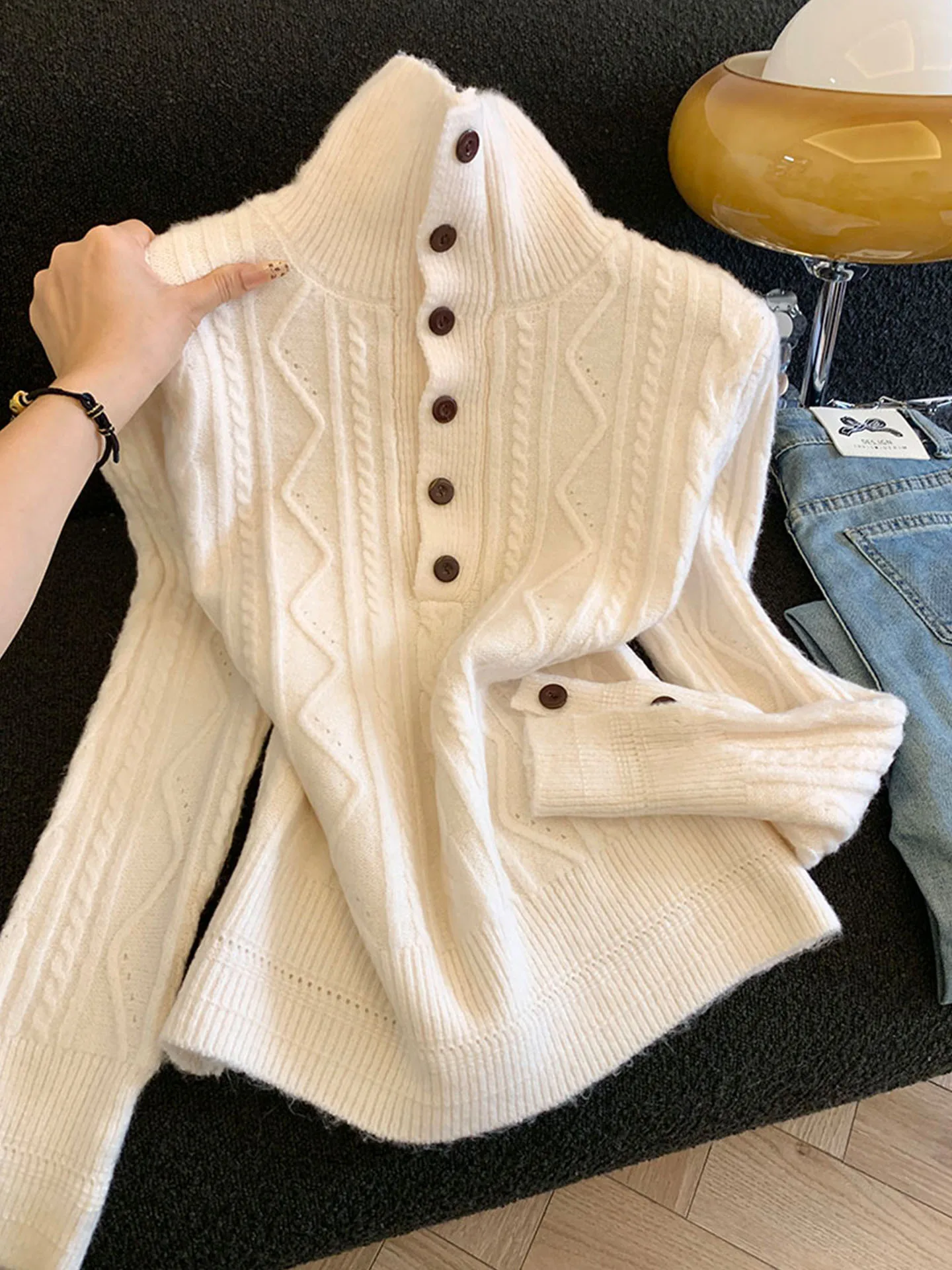 

Emily Clud Warm Knitted Sweater High Collar Turtlene Knitwear Flower Twist Design Women's Autumn Winter Thi Long Sve Top