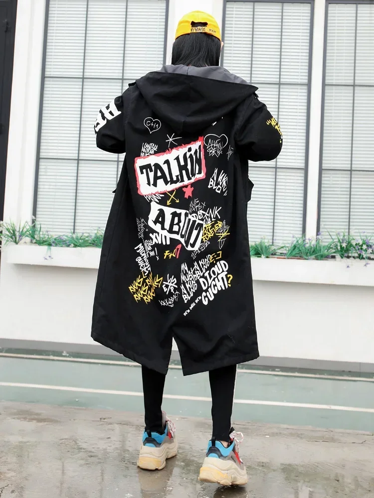 TPJB Graffiti Trench Coat Girl New Military Outwear Woman Cartoon Print Female Winderbreaker Black Overcoat For Women Clothing