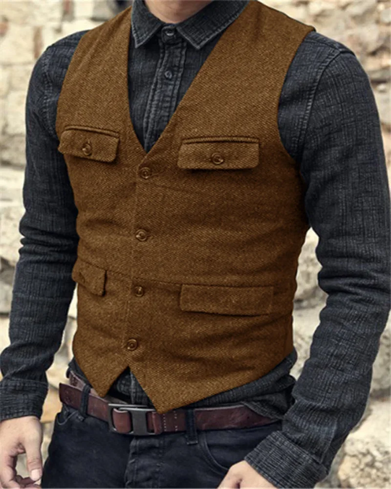 Suit Vest Brown Burgundy Herringbone Wool Tweed Vintage Steampunk Waistcoat Formal Business Vests For Men Wedding