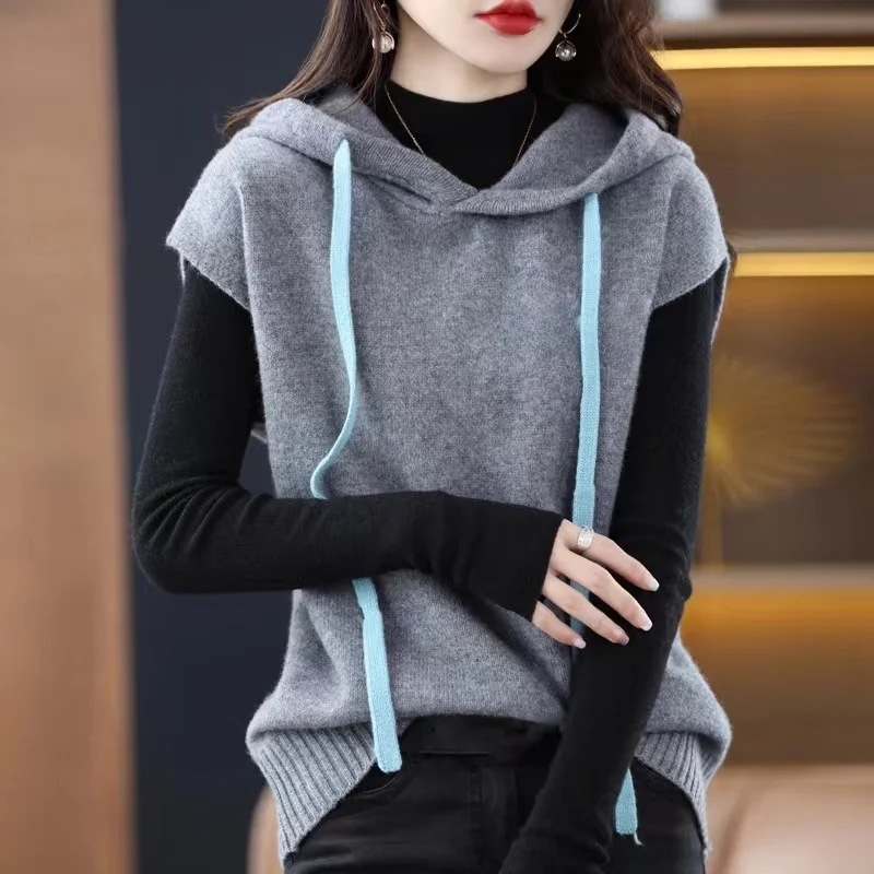 女性の秋冬フード付きスウェットニットセーターウールベスト暖かく快適な通気性のあるピュアカラー通勤スレ
