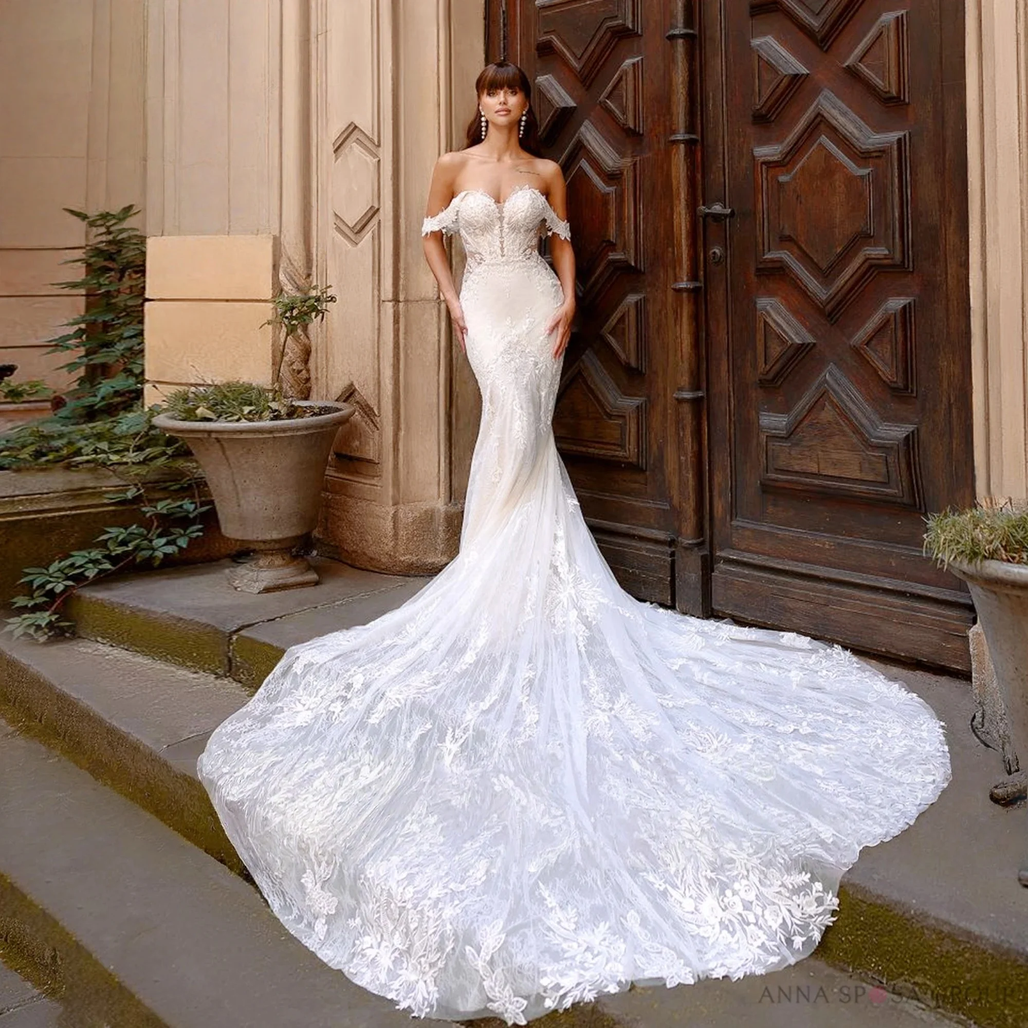 

Lace Wedding Dresses Mermaid Off The Shoulder Boho Muslim Bridal Gown Saudi Arabic Dubai Islamic Vestido De Noiva Customized
