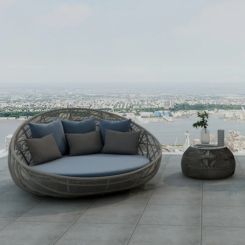 

Outdoor rattan sofa bed, garden round woven rattan chair sofa bed