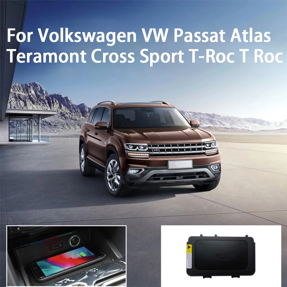 Car Wireless Mobile Phone Charger Center Console Storage QI 18W iPhone for Volkswagen VW Passat Atlas Teramont Cross Sport T-Roc