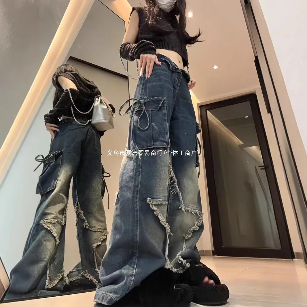 

Y2K retro American dark jeans street pentagram pocket design straight wide leg pants loose trousers
