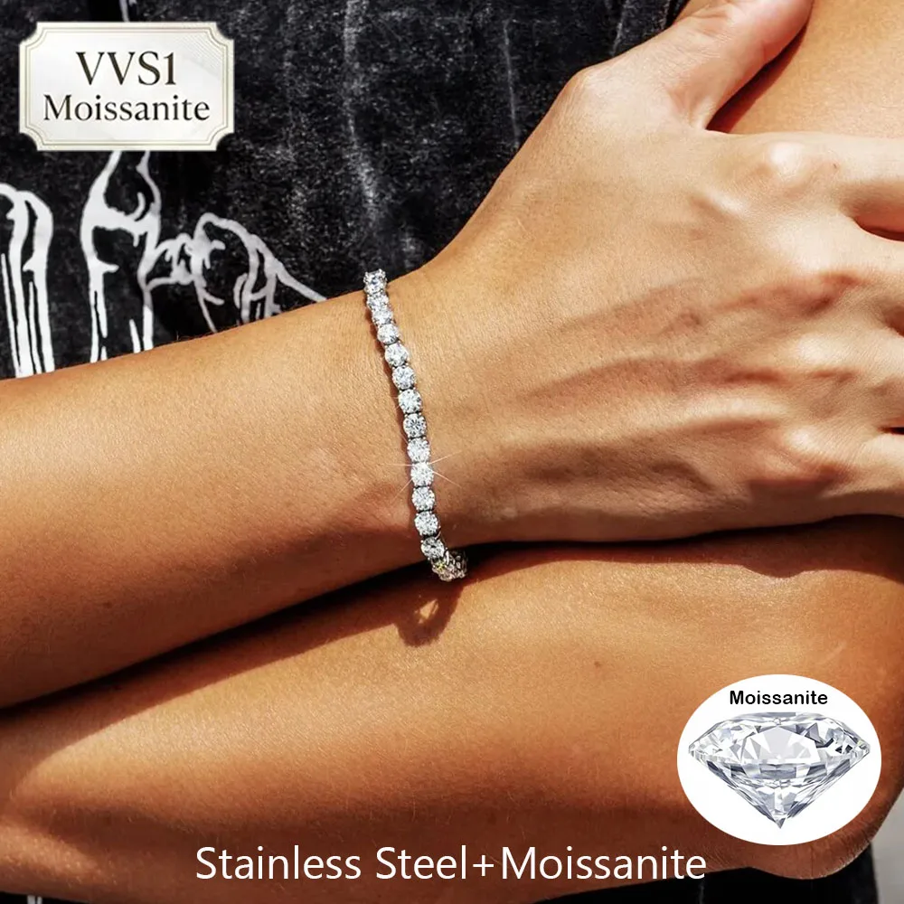 High Quality 3/4/5mm VVS1 Moissanite Tennis Bracelet For Men Women Iced out Stainless Steel Never Fade Hip Hop Fashion Jewelry