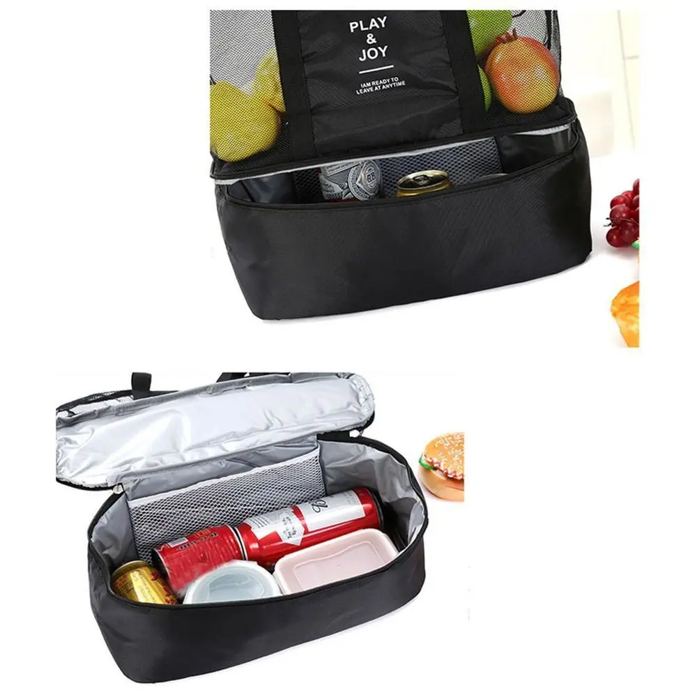 Casual Organizer Bath Toiletry with Cooler Fresh-Keeping Zipper One-Shoulder Bag Women Handbag 2 in 1 Picnic Bag Mesh Beach Bag