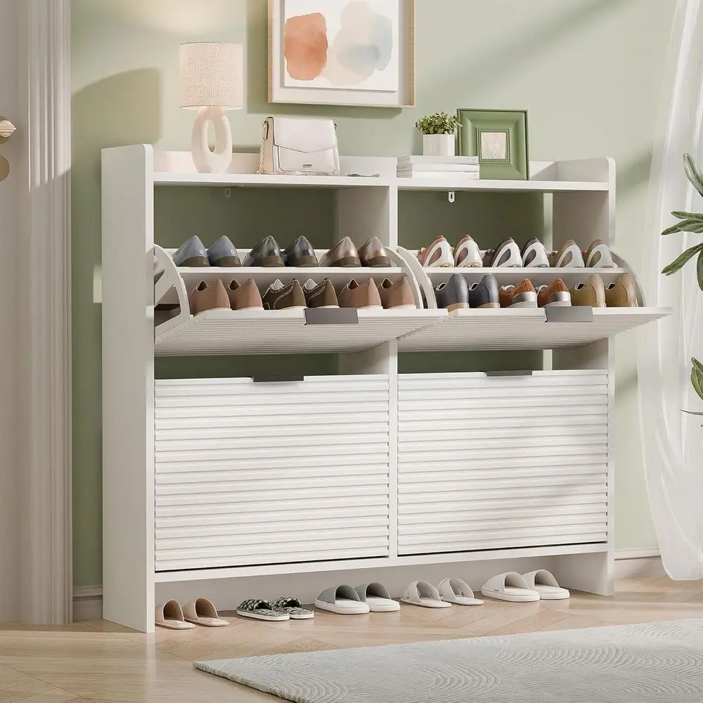 

Narrow White Wooden Shoe Storage Cabinet with 4 Drawers for Entryway or Hallway