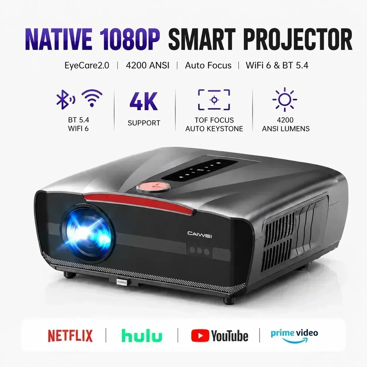 

Netflix Certified 4K Smart Projector Native 1080P Dolby Audio WiFi6 Bluetooth Auto Focus Auto Keystone HDR Home Theater HDMI