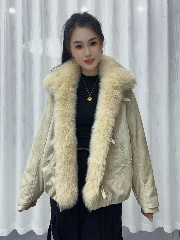 Women Short Winter Fur Jacket Wide Collar Full Fur Oversized Fit Zipper Closure Thermal Outerwear for Cold Climate Daily Wear